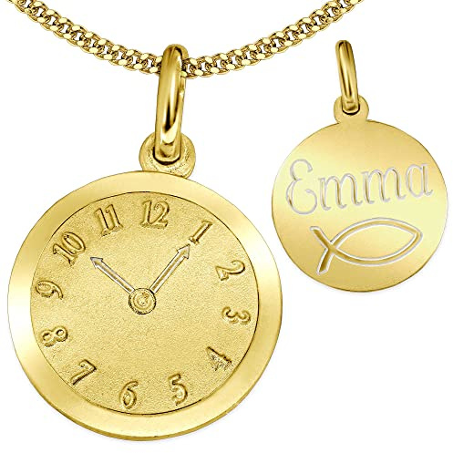 CLEVER SCHMUCK zur Geburt Anhänger Uhr Ø ca. 12 mm Vorderseite Uhr matt und glänzend, Rückseite mit Wunschgravur 925 Sterling Silber vergoldet und Kette im Etui Geschenk für Mütter
