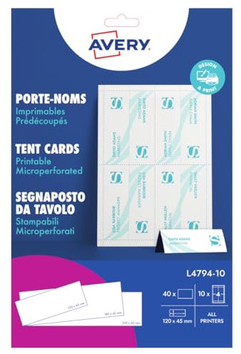 Avery – 40 porte-noms imprimables micro-perforés au format 120 x 45 mm – cartes de table personnalisables pour mariages, repas d’affaires et événements festifs