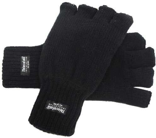 Men's Extra Warm Winter Fingerless Gloves 40g Thinsulate Lining Black L/XL