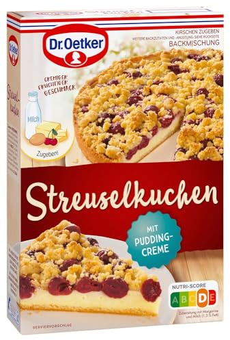 Dr. Oetker Streusel Kuchen, 8 x 485 g, Backmischung für Streuselkuchen mit Kirschen & Puddingcreme, gelingsichere Zubereitung, vegetarisch