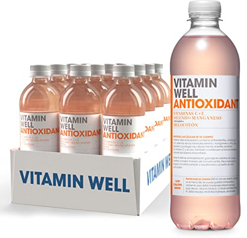 Vitamin Well - Rico en Vitaminas C, E, Selenio y Manganeso, Alternativa de Bajo Contenido de Azúcar, Sabor Melocotón / ANTIOXIDANTE (12 x 500ml)