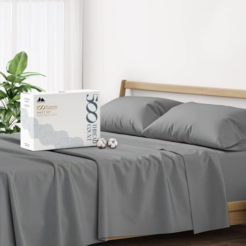 Mayfair Linen 100% Cotton Bed Sheets Queen Sheet Set - 500 Thread Count Sheets Queen Size 4 PC Set (Dark Grey), Soft, Cooling, Hotel-Quality 16 Deep Pocket Sateen Cotton Bedsheet for Hot Sleepers
