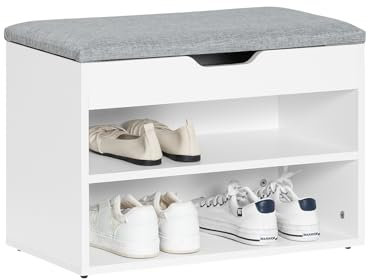 SoBuy Banc à Chaussures avec Rangement – Meuble Chaussure Entrée avec Coussin Confortable – Banc Rangement Chaussures à 2 Étages – pour Meuble d’Entrée, Gris, 60x30x44 cm, 120kg – FSR25-HG
