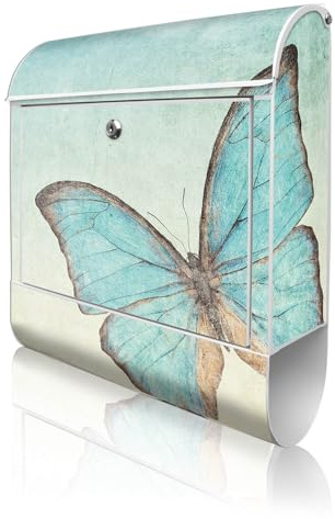banjado Design Briefkasten 38,5x46,5x13cm & 2 Schlüssel - Briefkasten Stahl Weiß mit Zeitungsfach pulverbeschichtet - Postkasten A4 Einwurf inkl. Montagematerial - Motiv Blaue Schmetterlinge