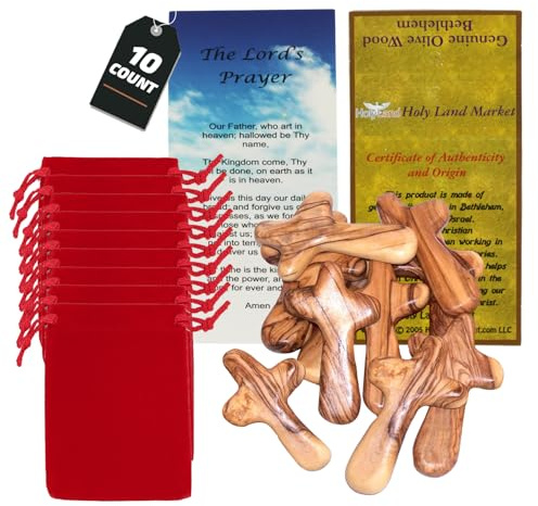 Holy Land Market 10 Olive Wood Comfort Crosses with Velvet Bags & Lord's Prayer Card - Palm Sized Hand Held Cross (4 in) - 10 Packs