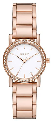 DKNY Damenuhren Soho, Dreizeigeruhrwerk, 24mm Rose Gold Edelstahlgehäuse mit Edelstahlarmband, NY2308