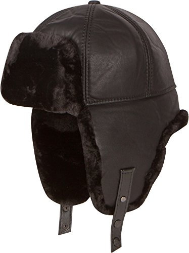 Sakkas Leder Shearling Unisex Faux Nerz Pelz Flieger Russische Uschanka Trapper Wintermütze Ohrenklappen Warme Mütze Kinnriemen Jagd Ski Schnee - Schwarz - 2X