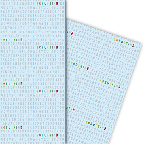 Cooles Einschulungs Geschenkpapier Set (4 Bogen) Dekorpapier mit Alphabet Schulkind , hellblau, für tolle Geschenk Verpackung und Überraschungen zum Schulanfang 32 x 48cm