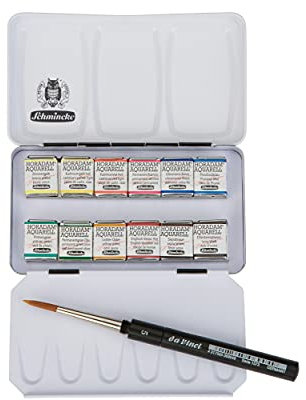 Schmincke – HORADAM AQUARELL kompakter Farbkasten mit 12 feinsten Aquarellfarben, 1 Davinci Pinsel, 74 012 097, Metallkasten, Malset, feinste Aquarellfarben, 12 x 1/2 Näpfchen