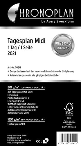 Chronoplan 50241 Kalendereinlage 2021, Tagesplan Midi (96x172mm), Ersatzkalendarium, ideal für detaillierte Tagesplanung, Multilochung (1 Tag auf 1 Seite), weiß