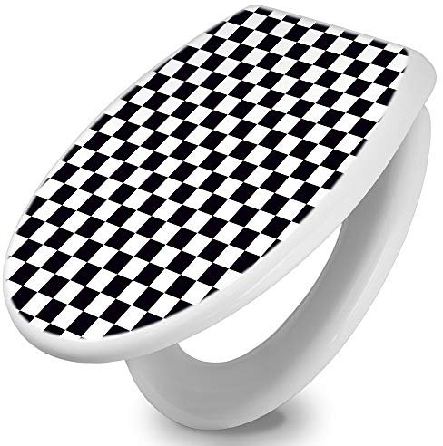 banjado Toilettendeckel mit Absenkautomatik 44,5x37cm / WC Brille Soft Close/hygienischer Toilettendeckel/Klodeckel Duroplast Edelstahl Scharniere einfache Montage/Motiv Karo Schwarz