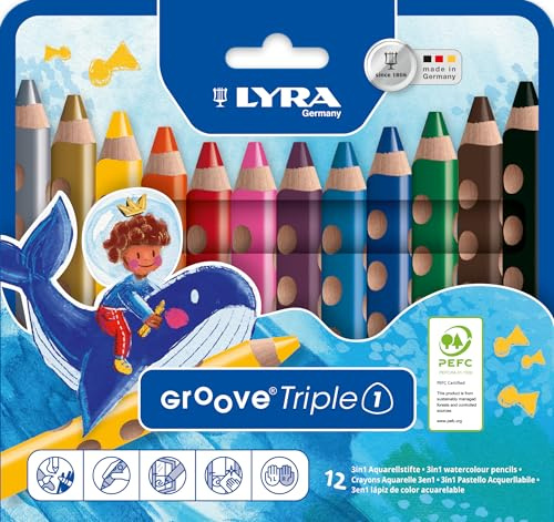 LYRA Groove Triple 1 3in1 Stifte lackiert Kartonetui 12 Stk. | Holzbuntstift, Wachskreide, Aquarellstift, dreikant, Mine 10mm, ergonomischer Naturgriff