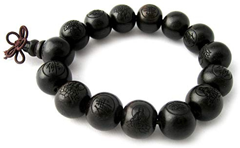 agathe création - Bracelet - Chapelet Bouddhiste - Perles en Bois d'ébéne - Diametre 14,5mm - Perles sculptées - Nœud du Bonheur - Bouddha - Noir - Fait Main