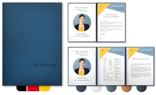 5 Stück 4-teilige Bewerbungsmappen Esclusiva® Exzellent-plus in Nachtblau mit 2 Klemmschienen // in 1A-Premium-Qualität mit hochwertiger Flach-Prägung „BEWERBUNG“ // Produkt-Design vonMario Lemani