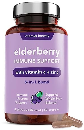 Vitamin Bounty Elderberry Organic Elderberry Capsules for Adults - Vitamin C and Zinc Supplement, & Echinacea, Immune System Support, Advanced 5-in-1 Blend, Non-GMO - 60 Capsules