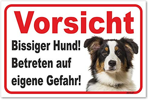 AdriLeo Schild - Vorsicht Australian Shepherd Tri-Color - Bissiger Hund - (20x30cm) / Aussie Achtung Hund Wachhund robust langlebig UV-beständig wetterfestes Warnschild