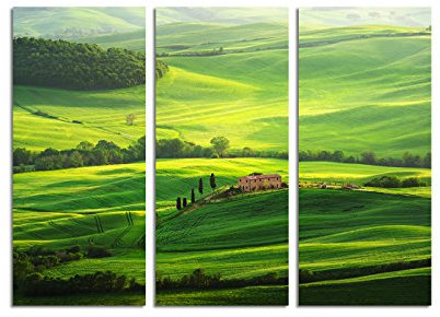 Paul Sinus Art 130x90cm – Keilrahmenbild Toskana grünes Tal Anwesen 3teiliges Wandbild auf Leinwand und Keilrahmen - Fotobild Kunstdruck Artprint