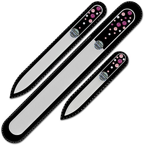 Set di 3 lima per unghie in vetro decorato a mano con Swarovski Elements | Vetro di Boemia temperato originale, garanzia a vita, in custodia di velluto nero
