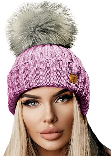 4sold Damen Winter Strickmütze – warme Beanie mit Kunstfell-Bommel – handgefertigt in Polen, italienisches Acryl, weich & atmungsaktiv, viele Farben, One Size