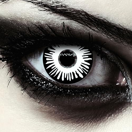 DESIGNLENSES lentilles de couleur blanc et noir pour halloween costume, 1 paire (2 pcs), sans correction + étui à lentilles White Fear