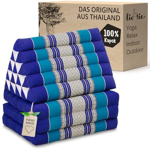 livasia Thaikissen 3 Auflagen extrahoch - 185x55x8cm - Dreieckskissen mit Klappmatratze, Kapok, Jumbo Rückenkissen faltbar, Thaimatte Klappen, handgefertigt, Meditationskissen (Blau)