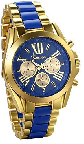 JewelryWe Herren Armbanduhr, Analog Quarz, Business Casual Edelstahl Armband Uhr mit Römischen Ziffern Zifferblatt, Gold Blau
