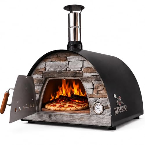 Maximus Four à Bois Extérieur Schiste, Noir 98x99x77cm | Grand Four à Pizza, Pain et Viandes, Diamètre 90 cm, Design Rustique en Pierre, Jardin et Terrasse