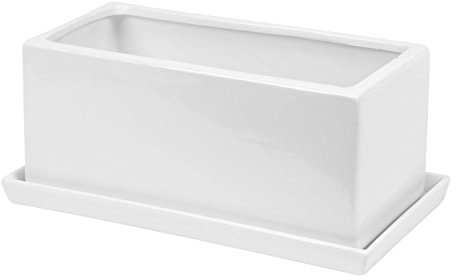Polnix Keramik Übertopf m. Untersetzer Trog Blumentopf H 14 cm rechteckig Weiss glatt Ablauf