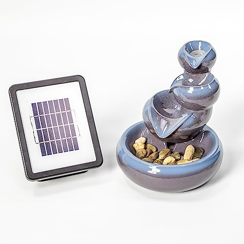 Primrose 25cm Solar Powered Ceramic Oil Jar Metallic Blue Three Tier Cascade Patio Garden Water Feature