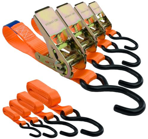 Spanngurte mit Ratsche und Haken 4er Set, 25mm breit 3m lang, bis 700kg, Spanngurt orange, Zurrgurte für Ladungssicherung, Spanngurte Haken, Gurtband, Spanngurte 3m
