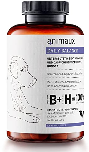 Beruhigungstabletten für Hunde – Angst, Stress, Reisen, Silvester – 100 Stück – Mit Baldrian, Johanniskraut & Lavendel – Pflanzliches Ergänzungsfuttermittel – animaux Daily Balance