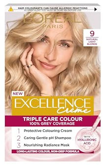 L'Oréal Paris Excellence Crème Permanent Hair Dye, Radiant At-Home Hair Colour with up to 100% Grey Coverage, Pro-Keratin, Up to 8 Weeks of Colour, Colour: 9 Natural Light Blonde