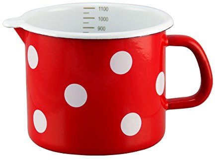 Münder Emaille - Milchtopf, Schnabeltopf aus Emaille - 1,1 Liter - Farbe: Rot mit weißen Punkten - für alle Herdarten