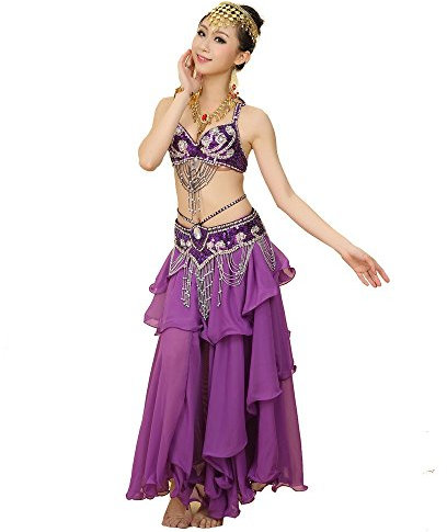 Best Dance Damen Bauchtanz Kostüm Sets BH Gürtel Vollkreis Rock Karneval Fancy Outfit Lila