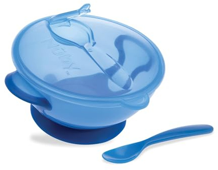 Nuby Easy Go Saugnapf-Schüssel mit Deckel & Löffel, ab 6 Monaten, Blau | Praktischer Aufbewahrungsbehälter mit sicherem Deckel & Löffel, Saugfuß reduziert Kleckern, für zuhause & unterwegs