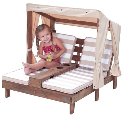 KidKraft Wooden Outdoor Double Chaise Lounge with Cup Holders, Patio Furniture for Kids or Pets, Espresso with Oatmeal and White Striped Fabric