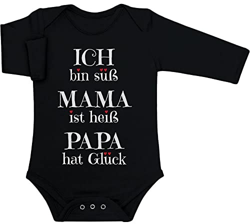 Shirtgeil Baby Body Langarm - Süßer Spruch - Ich Bin süß, Mama ist heiß, Papa hat Glück Geschenk Langarmbody Baby Mädchen - Geschenke für Mama - Baby Strampler 0-3 Monate Schwarz