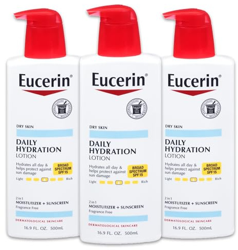 Eucerin Daily Hydration Lotion with SPF 15 - Broad Spectrum Body Lotion for Dry Skin - 16.9 fl. Oz. Pump Bottle (Pack of 3)