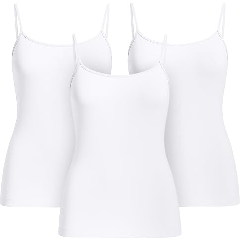 UnsichtBra Pack de 3 Camisetas Interior Mujer Tirantes Finos | Top Ajustado y Moldeador Ligero | Camiseta Shapewear Sin Costuras – Negro, Blanco, Beige (3 x Blanco, M-L)