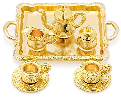 Odoria 1/12 Miniatura 8PZ Antiguo Juego de Té de Té Dorado Cocina Accesorio para Casa de Muñecas