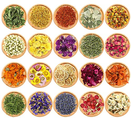 Dreamtop 20 Tipi Fiori Secchi Erbe Decorativi Kit, Naturali Fiori Secchi Profumati per Fai Da Te Candele e Saponi, Giglio, Petali di Rosa, Crisantemo, Lavanda, Foglia di Menta, Rosmarino