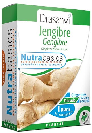 DRASANVI NUTRABASICS JENGIBRE - Ayuda al sistema inmunitaro, a la fatiga, al tracto intestinal y a evitar mareos - VEGANO - SIN GLUTEN - 30 cápsulas vegetales