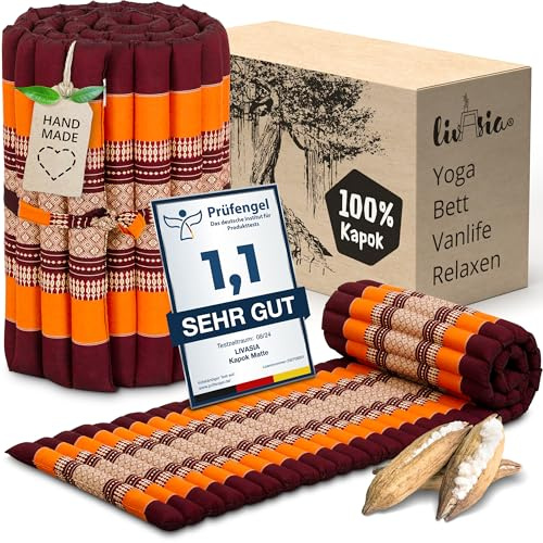 livasia Rollmatte Rollmatratze L-200x110x4,5cm, Gästebett Gästematratze 1 Person, Reisebett Kofferraum Outdoor, Thaimatte Kapok, Garten Balkon handgefertigt rubinrot