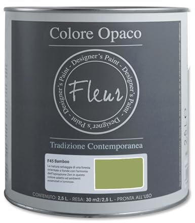 FLEUR DESIGNER'S PAINT | Pittura Chalk Paint Opaca, 2,5 L, Senza Carteggiare, Multisuperficie, Colore F45 Bamboo, Effetto Gesso, Per Pareti e Mobili, Extra Opaco, Ad Acqua, Made in Italy