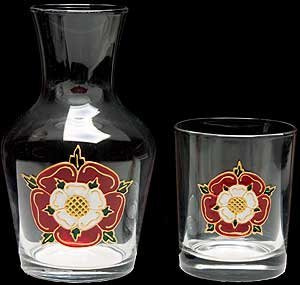 Water Set comprising carafe and glass in a Medieval Tudor Rose Design. Handpainted and designed in the UK by Beverley Gallagher, these significant and expressive gifts are ideal for birthdays, anniversaries, weddings, engagements, Christmas, Valentine’s Day, Mother’s Day, Easter and special celebrations.