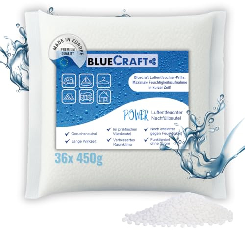 Bluecraft Luftentfeuchter Nachfüllpack 36 x 450 g, Calciumchlorid Prills im Vliesbeutel, Raumentfeuchter Granulat ohne Strom, Feuchtigkeitskiller für Keller, Wohnwagen, Garage und Schrank