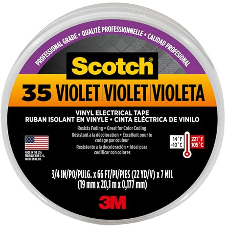 3M 80611211634 35 Scotch Elektro Isolierband, Vinyl, 19 mm x 20 m, Violett | Farbkodierungsband, hohe Haftung, dehnbares Vinyl, für den Innen- und Außenbereich, gut für die Reparatur von Kabelmänteln