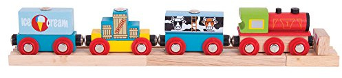 Bigjigs Rail Wooden Goods Train Toy - Train with 3 Carriages & Removable Freight, Comes with 2 Wooden Train Track Pieces & a Buffer, Compatible with most Wooden Train Sets