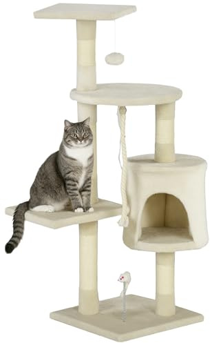 PawHut Árbol para Gatos Rascador 112 cm de 4 Pisos con Poste para Arañar Cueva Espaciosa Múltiples Plataformas Juguetes Divertidos 112x75x40 cm Beige