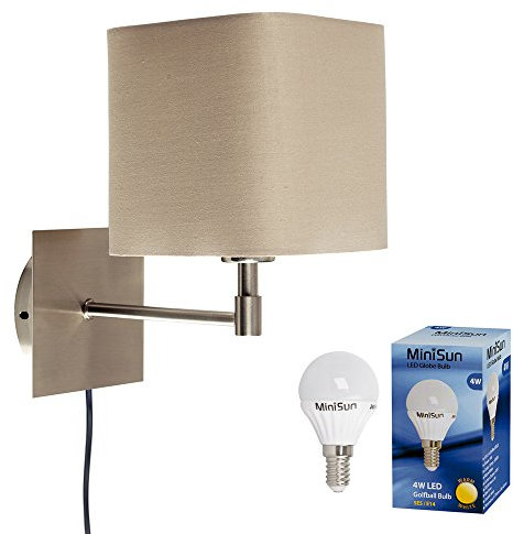 MiniSun | Modern Beige Polycotton Brushed Chrome Wall Light | Reading Lights, Home Décor & Improvement Essential | Includes 1 x 4W LED Bulb [3000K Warm White]